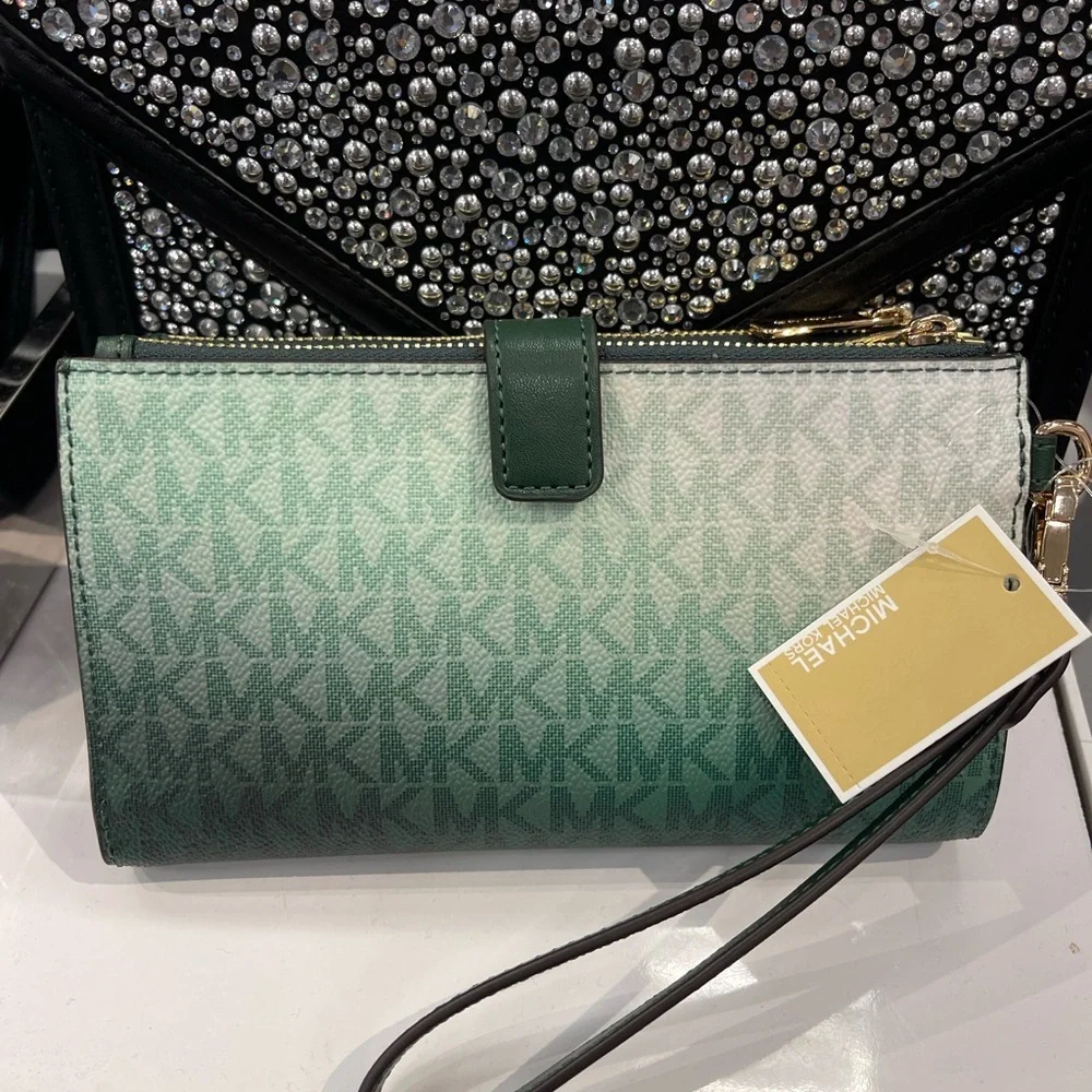 MICHAEL KORS Jet Set Large Ombré Signature Logo Double Zip Wristlet Phone Holder
